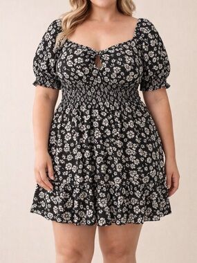 Dizzy Lizzy Floral Mini Dress L Puff Sleeve Bow Keyhole (E66)